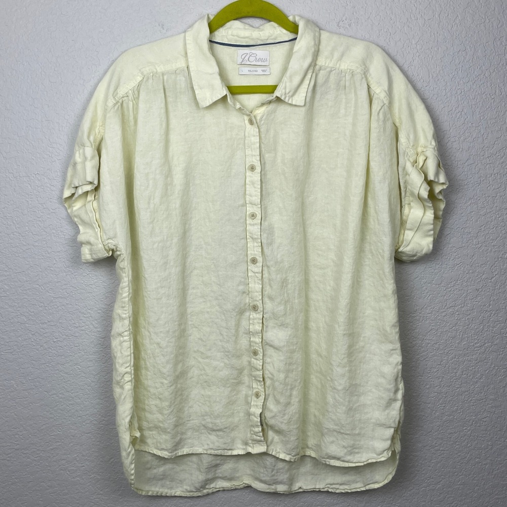 J.Crew Linen Shirt Womens Large Yellow Baird‎ McNutt Short Sleeve Relaxed Top